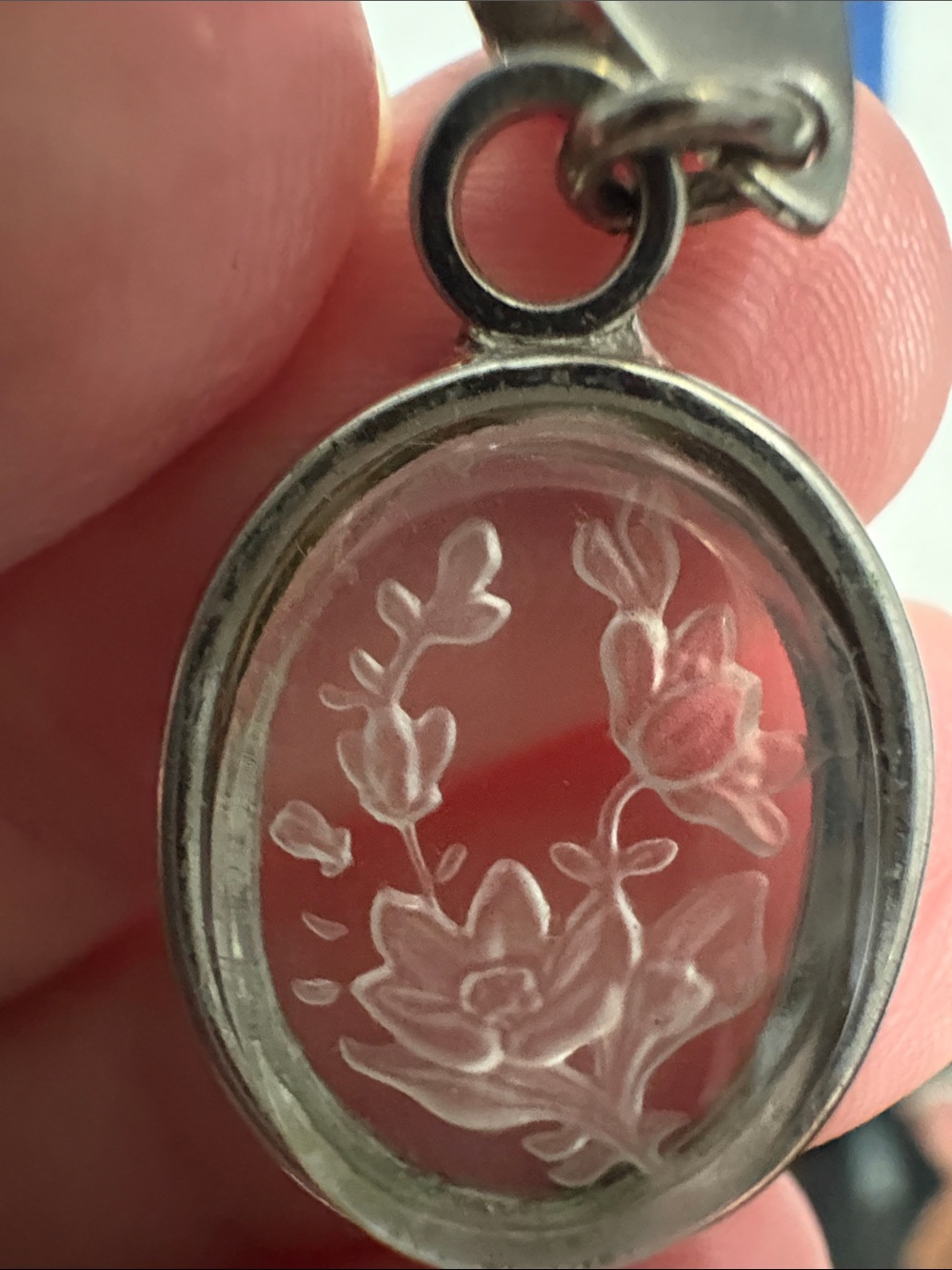 Silver-Tone Floral Etched Glass Pendant Necklace - Clear